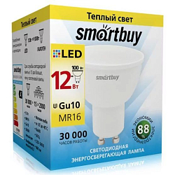 Лампа светодиодная SMARTBUY GU10 (MR16) 12W/3000K (теплый свет) (1/10/100)