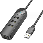 USB-Хаб BOROFONE DH6 Erudite 4-in-1, 3 USB3.0 , RJ45,  кабель USB 0.2м, чёрный